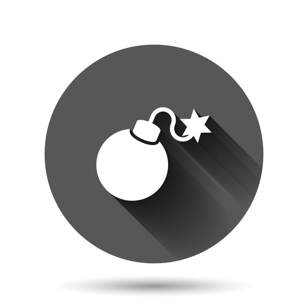 炸弹图标在平面风格。炸药矢量插图上的黑色圆形背景与长阴影效果。C4 tnt圆钮经营理念。图片下载