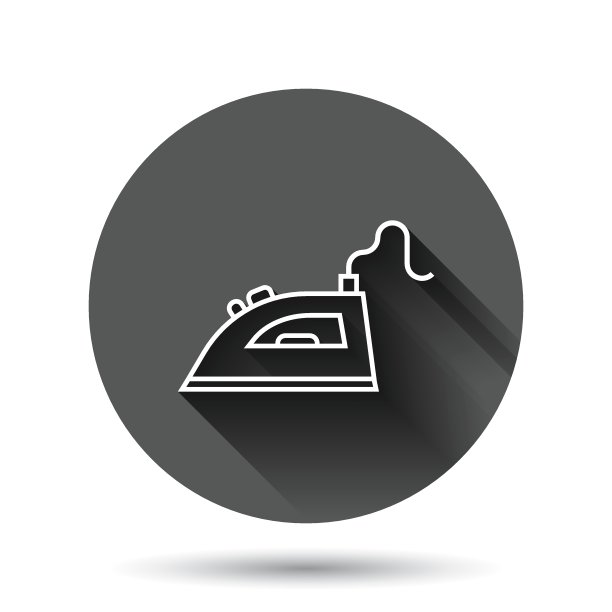铁图标在平面风格。洗衣设备矢量插图上的黑色圆形背景与长阴影效果。熨烫圈钮扣的经营理念。图片下载