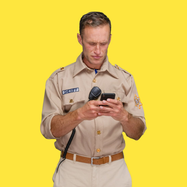 白人男性警察站在黄色背景前，佩戴警徽并使用短信图片下载