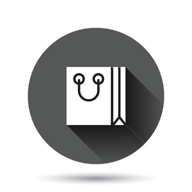 购物袋图标在平的风格。手提包标志矢量插图上的黑色圆形背景与长阴影效果。包装圈按钮的经营理念。图片下载