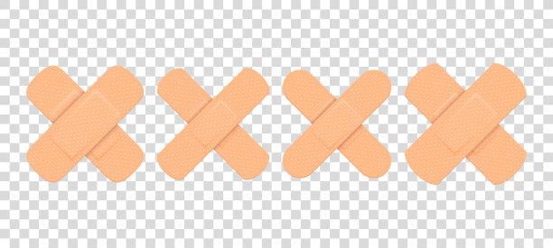 矢量3d现实医疗补丁图标设置特写隔离透明背景。设计模板胶粘绷带弹性医用石膏。十字交叉。前视图图片下载