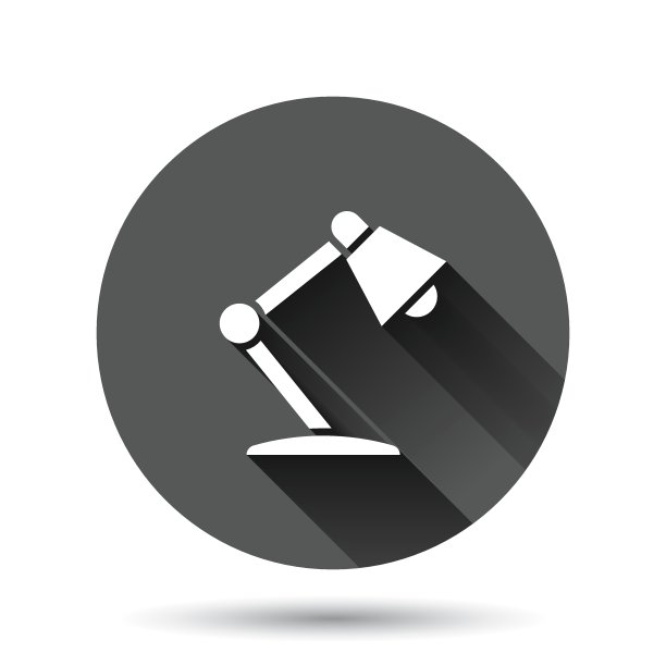 灯图标在平面风格。灯泡矢量插图上的黑色圆形背景与长阴影效果。电环按钮的经营理念。素材图片