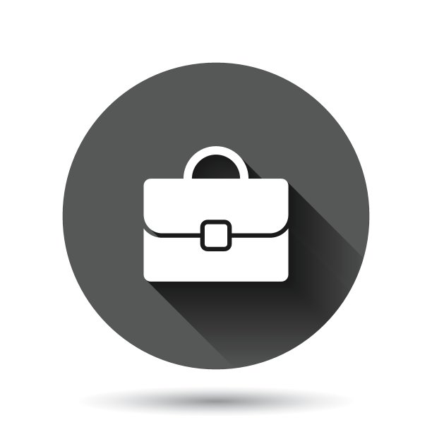 公文包图标在平坦的风格。商人袋矢量插图上的黑色圆形背景与长阴影效果。组合圆按钮的经营理念。图片下载