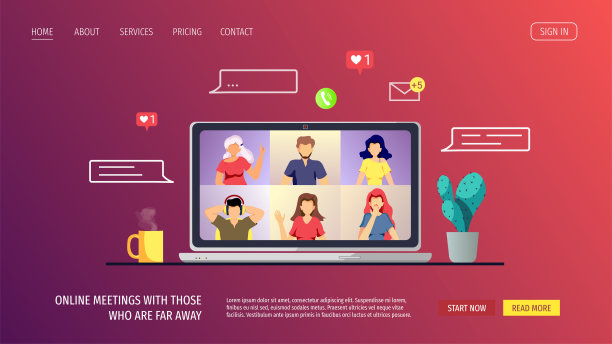 为视频会议，在线会议，在家工作，远程学习的网站设计模板。笔记本电脑屏幕与聊天的人。图片下载