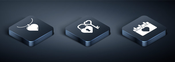 设置等距项链心形吊坠，日历与3月8日城堡和钥匙在心形图标。向量图片下载