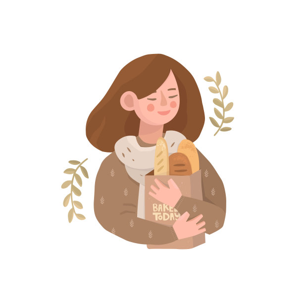 女孩和面包插画图片下载