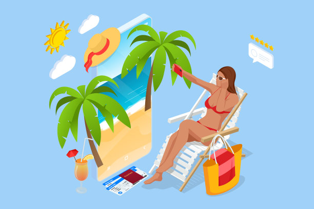 这是夏天的横幅。夏天豪华度假。一个身材姣好的女孩穿着泳衣坐在沙滩椅上，以大海为背景自拍图片下载