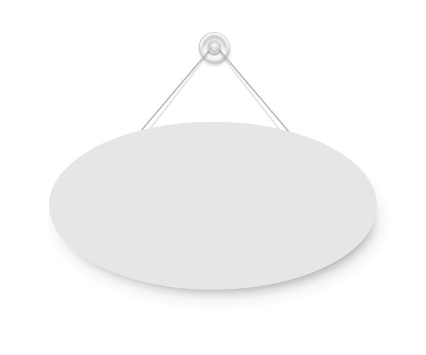 现实空空如也的空白招牌上挂着白色椭圆形吸盘。圆形的标识框模板挂在墙上。价格模型。广告，促销孤立在白色背景上。图片下载