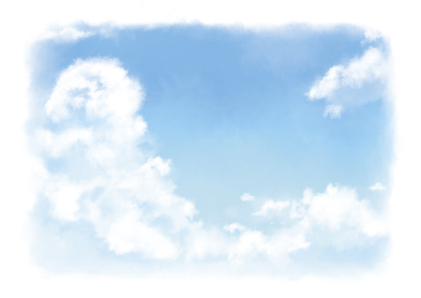 一幅水彩画，大朵的云漂浮在夏日的蓝天上。图片下载