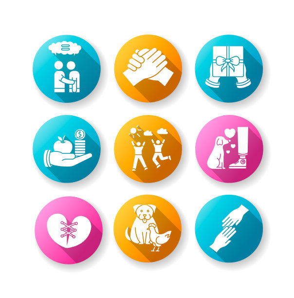 友谊和支持平面设计长阴影字形图标集。最好的朋友的联系，情感的感情。人际关系，友好的种间纽带。剪影RGB彩色插图图片下载