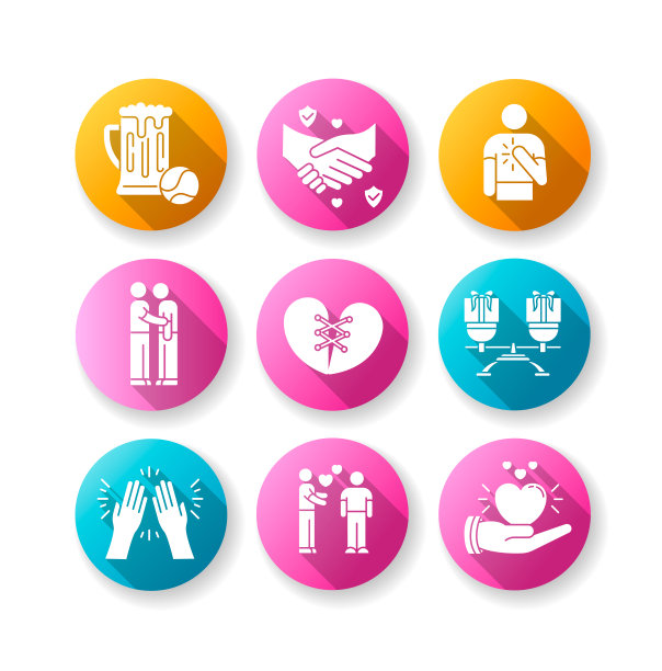 朋友关系平面设计长阴影字形图标集。社会联系，强烈的人际关系，情感情感。友好的沟通,奖学金。剪影RGB彩色插图图片下载