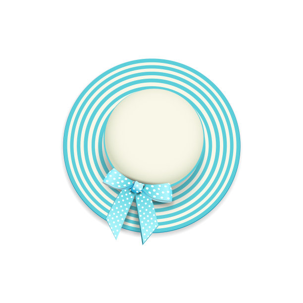 女子的圆形米色蓝色条纹海滩帽孤立在一个现实主义风格的白色背景，俯视图。图片下载