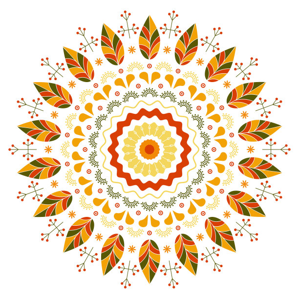 秋天乡土花漂亮的曼陀罗与叶，点，线。颜色民间插图图片下载