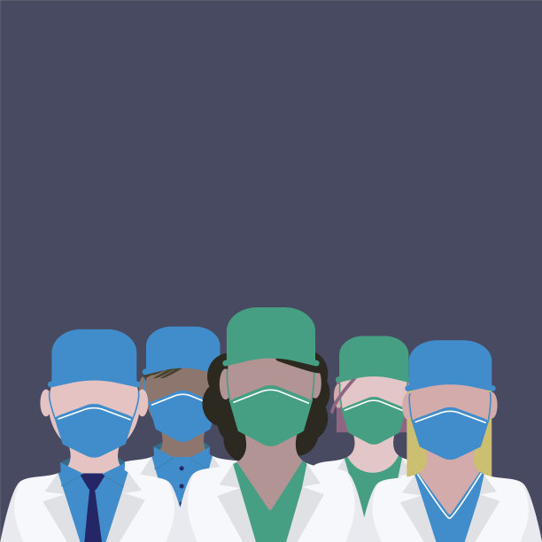 全球医生团队正在抗击2019冠状病毒病。五个穿着医疗服的医生一群男女医生戴着绿蓝医用口罩、白大褂、帽子。矢量图图片下载