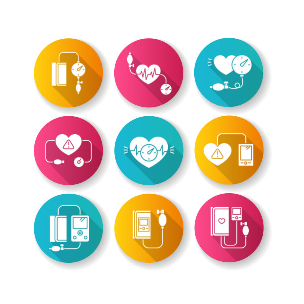 妊娠早期症状平面设计长阴影字形图标集。高血压。医生检查。病人的医疗。压力计测量。高血压剪影RGB彩色插图图片下载