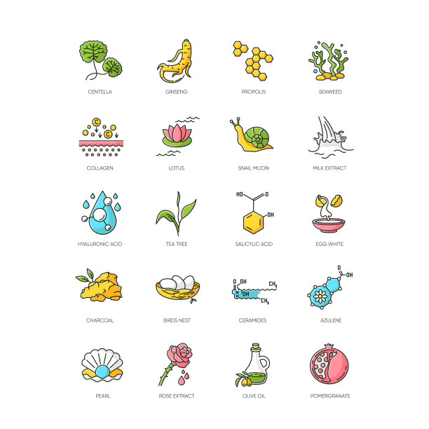 化妆品成分RGB颜色图标集。蜂胶是皇家蜂蜜。去死皮治疗。胶原蛋白、神经酰胺。化学公式。美容,皮肤。韩美。孤立的矢量插图图片下载