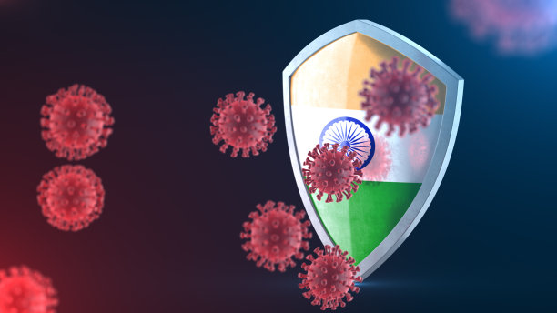 安全屏蔽作为病毒防护的概念。冠状病毒Sars-Cov-2安全屏障。漆成印度国旗的闪亮钢盾，抵御covid-19疾病的源头——细胞。三维渲染图片下载