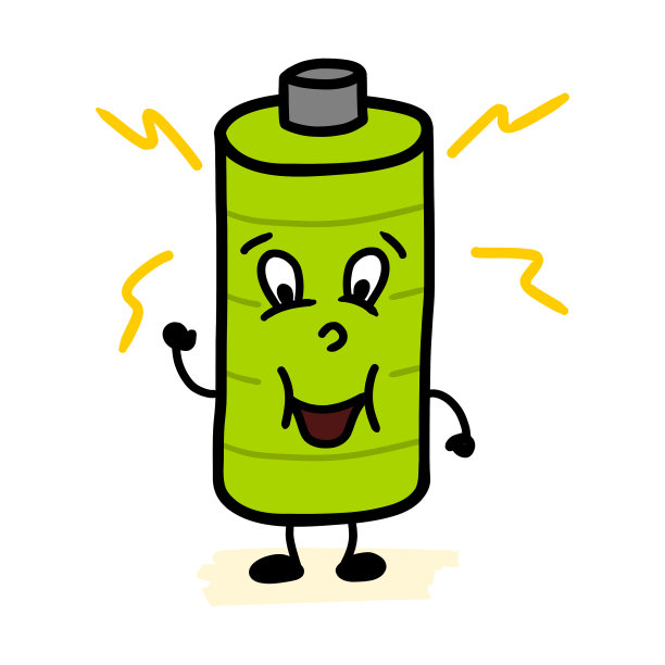 充满活力的快乐AA电池人物吉祥物。完全充电。卡通插图手绘在白色的背景。孤立的矢量图。图片下载