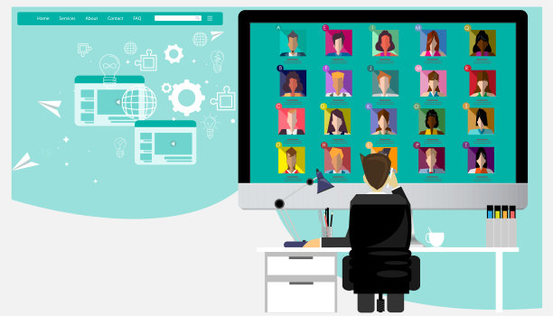 集团商人和女士联系技术。视频会议，在线会议。图片下载