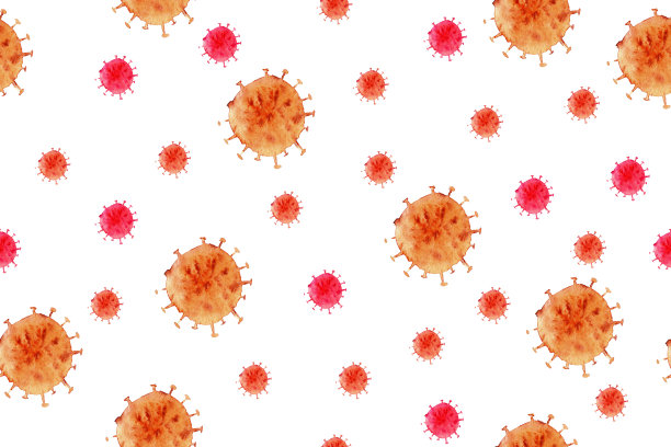 冠状病毒水彩手绘图案黄红色孤立在白色背景。素材图片
