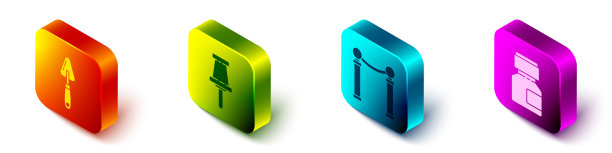 设置等距调色板刀，推针，绘画和颜料展览，水粉，罐子，染料图标。向量图片下载