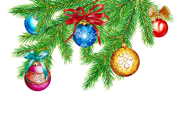 圣诞树上的彩球和蝴蝶结，水彩画。图片下载