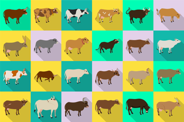 牛动物平面设置图标孤立的平面图片下载