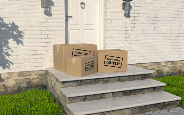 非接触式送货理念，免触摸送货，玄关纸箱，网店安全下单。3D渲染-插图。图片下载