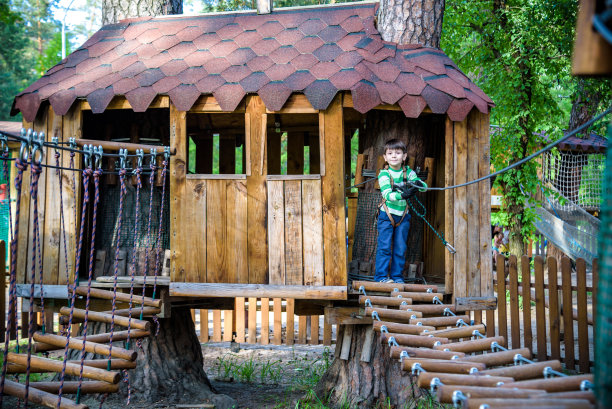 快乐的孩子在冒险公园玩，拿着绳子和爬木楼梯图片下载