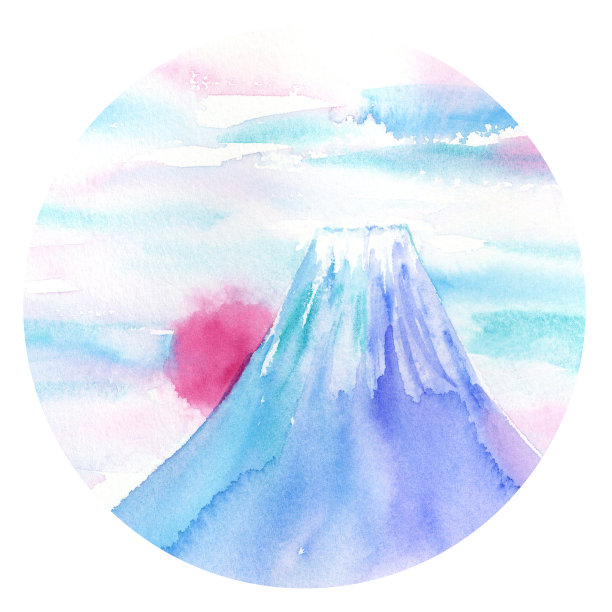 日出时富士山的水彩画。图片下载