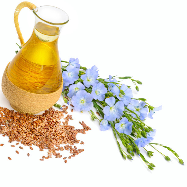 亚麻籽油，亚麻籽和花孤立在白色的背景。图片下载