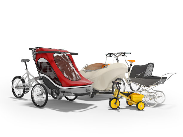 3d渲染组的运输儿童和父母自行车婴儿车在白色的背景与阴影图片下载