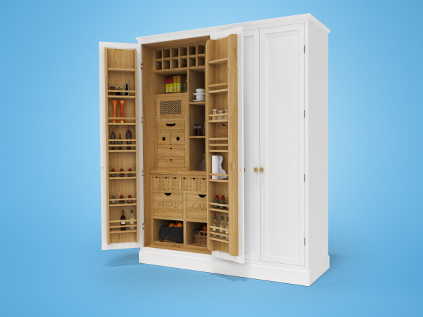3D渲染木质组织者厨房橱柜在蓝色的背景图片下载