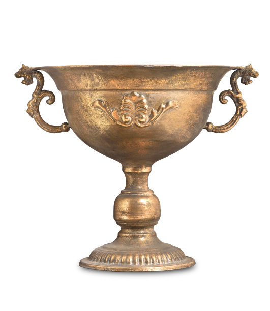 古色古香的青铜花瓶，有划痕和破旧，孤立在一个白色的背景，为家庭装饰。图片下载