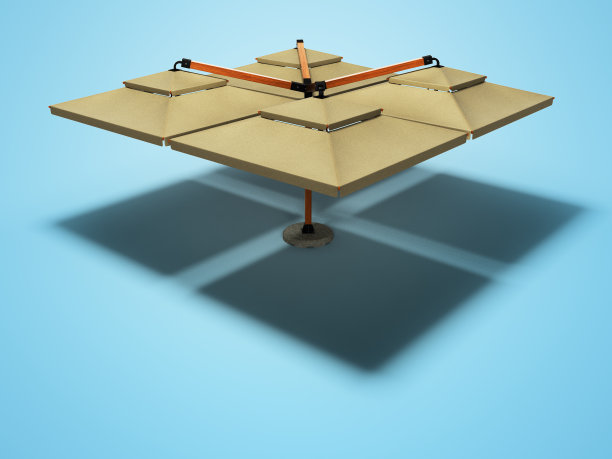 伟大的雨伞餐厅在中央支柱3D渲染蓝色背景与阴影图片下载