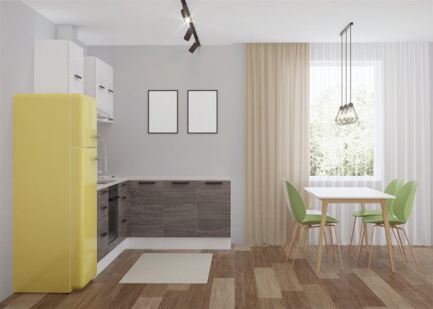 斯堪的纳维亚风格的角落厨房，配有黄色冰箱。3 d渲染。图片下载