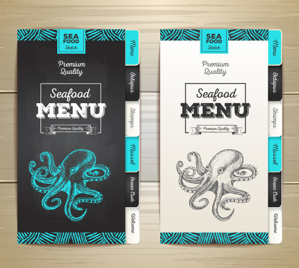 复古粉笔画海鲜菜单设计。图片下载