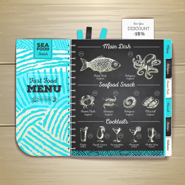 复古粉笔画海鲜菜单设计。图片下载
