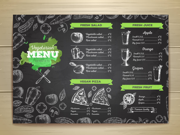 复古粉笔画素食菜单设计。图片下载