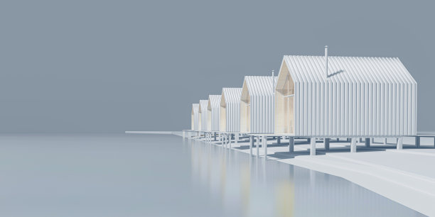 湖边谷仓风格农舍正面景观：暖冷色调概念艺术3D插画图片下载