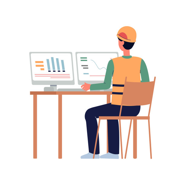 卡通工程师或建筑工人看电脑屏幕图片下载