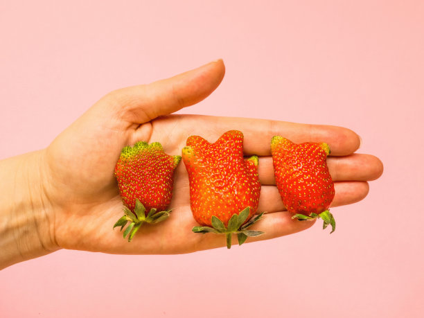 丑陋的食物:女人手里拿着不寻常的草莓图片下载