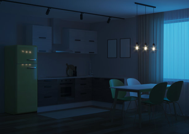 斯堪的纳维亚风格的角落厨房，配有黄色冰箱。的夜晚。晚上照明。3 d渲染。图片下载
