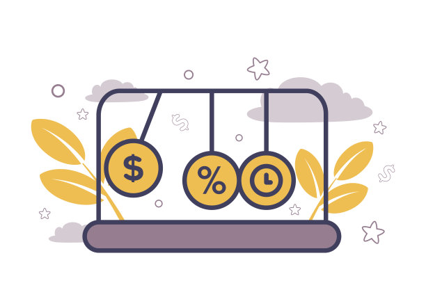 贷款。牛顿摇篮的插图，球上有美元符号，百分数，时钟，背景上有树枝，叶子，云彩，星星，圆圈。牛顿摆与美元符号图片下载