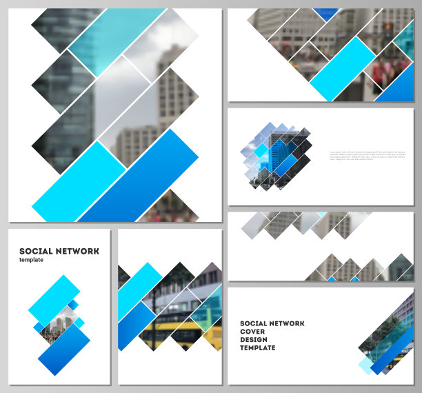 现代社交网络模型在流行格式的可编辑布局的极简抽象矢量插图。抽象几何图案创意现代蓝色背景与矩形。图片下载