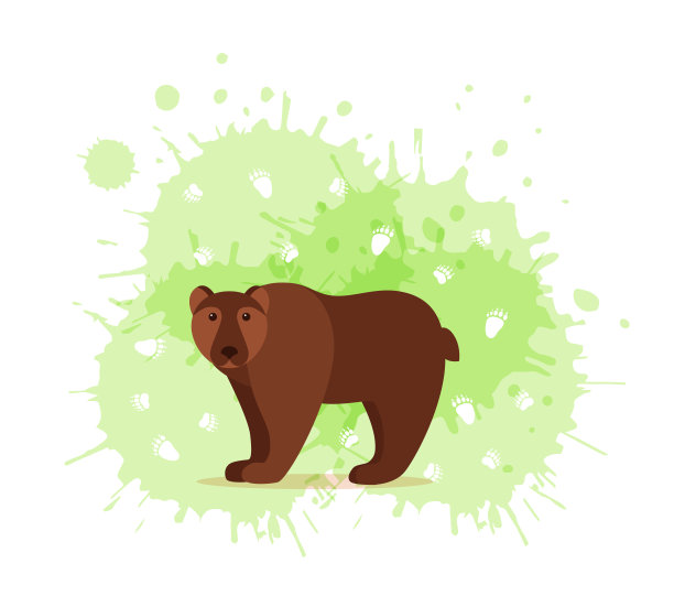 森林动物与脚印卡通风格彩色矢量插图。图片下载