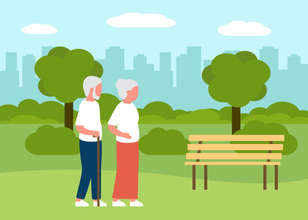 夏季景观与老年人在城市公园散步。老人和老人的家庭在户外休息。城市休闲区。矢量平面插图图片下载