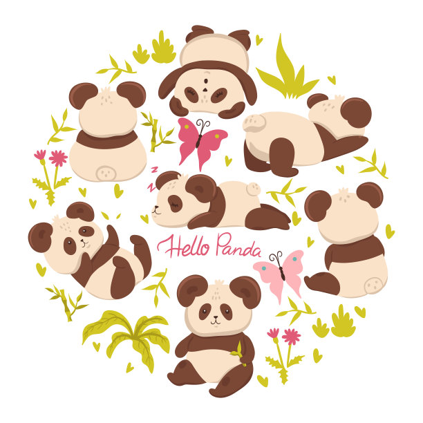 一组可爱的熊猫孤立在一个白色的背景。矢量图形。图片下载