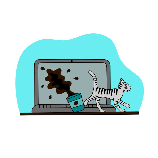 猫把一杯咖啡倒在笔记本电脑上。一次事故后的笔记本电脑修理。线性风格。矢量插图。图片下载
