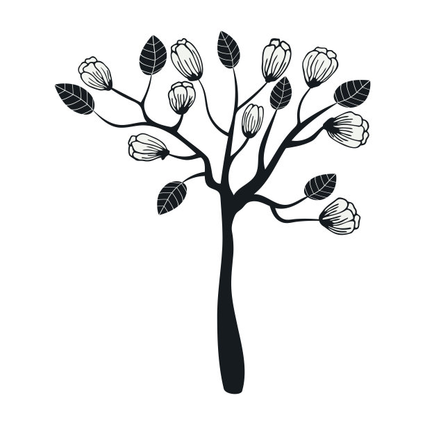 一棵孤立在白色背景上的开花树。简单的平面插图。可用于纺织品、纸张等表面的装饰。图片下载